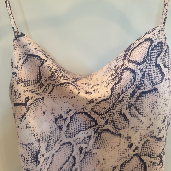 ‘A Love Like You’ M silk draped mini slipdress in unique pink w navy snake print - Picture 2 of 12